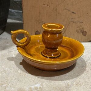 Mid-Century Portugal pottery chamber candlestick holder in a honey amber color